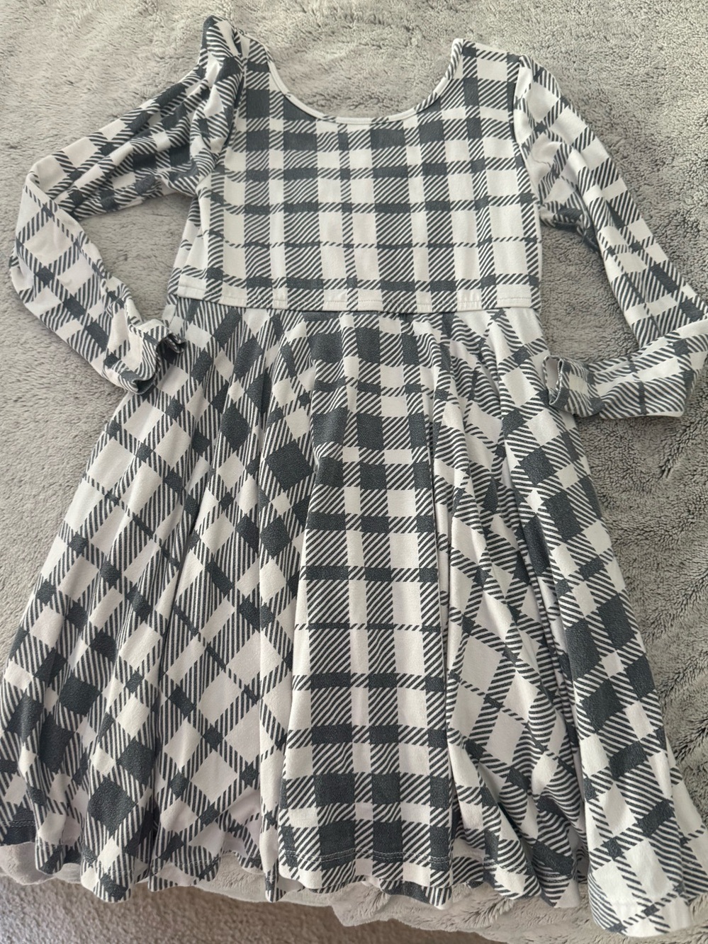Girls Black and White Plaid Long-Sleeve Dress Omi Jo Love